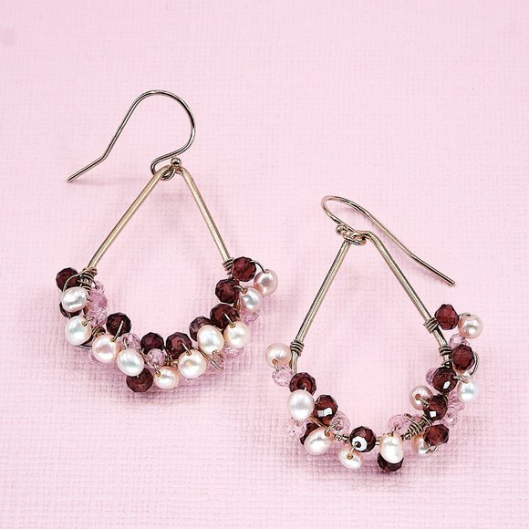Tiny Pearl & Garnet Hoop Earrings, 14K Gold Filled Teardrop Hoops - Picture 6 of 11